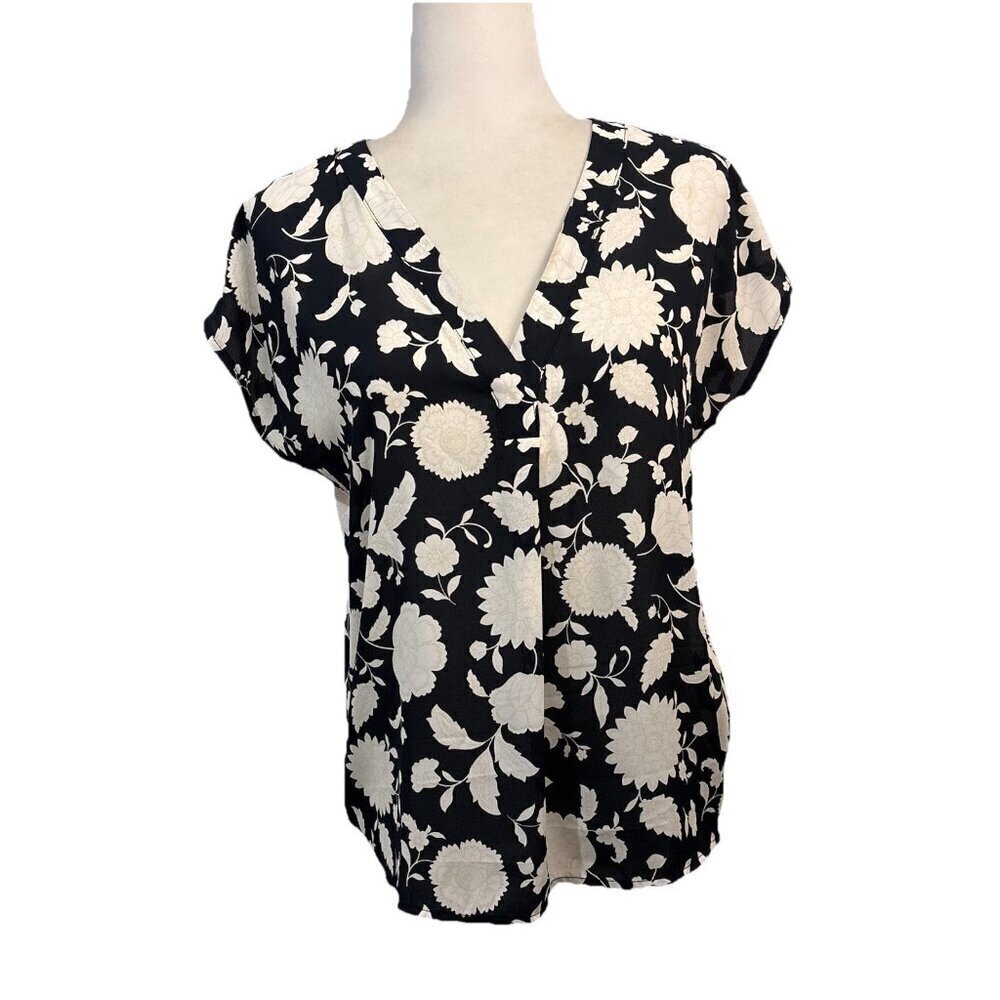 Ann Taylor Mix Media Pleat Front Top Blouse V Neck Size XS